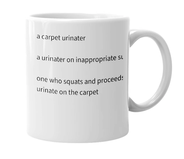 White mug with the definition of 'carpet squatter'