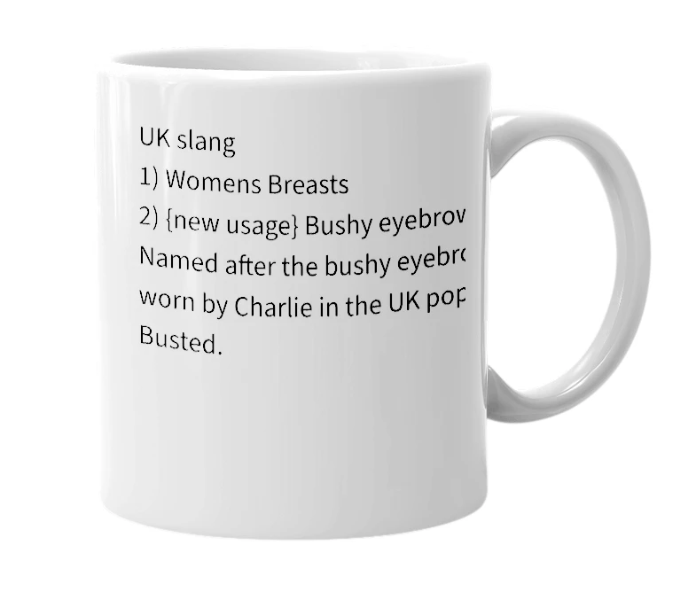 White mug with the definition of 'charlies'