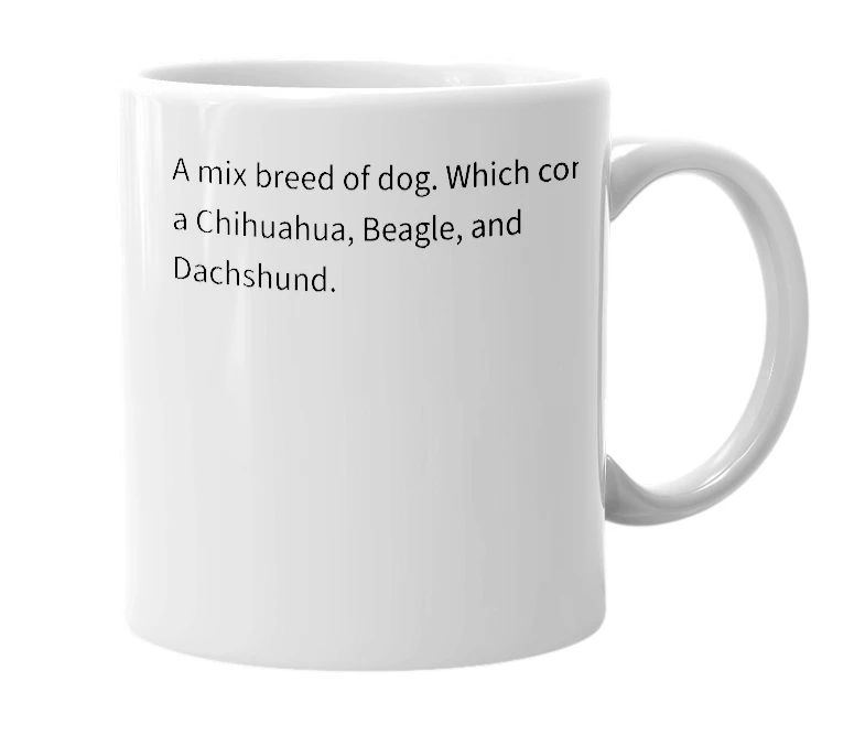 White mug with the definition of 'cheagleachshund'