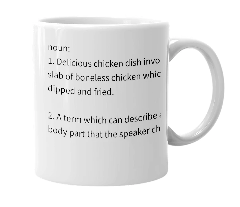 White mug with the definition of 'chicken tenders'