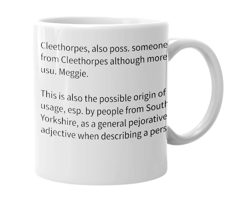 White mug with the definition of 'cleggie'