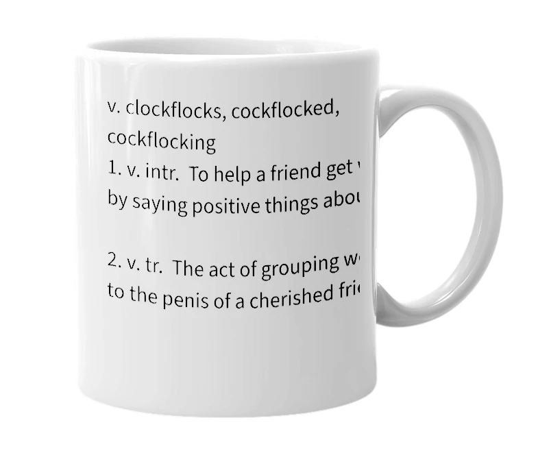 White mug with the definition of 'cockflock'