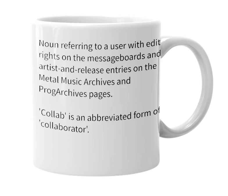 White mug with the definition of 'collab'