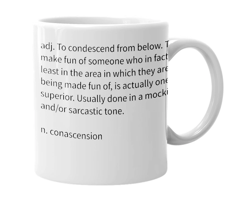White mug with the definition of 'conascending'