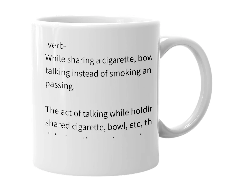 White mug with the definition of 'conching'