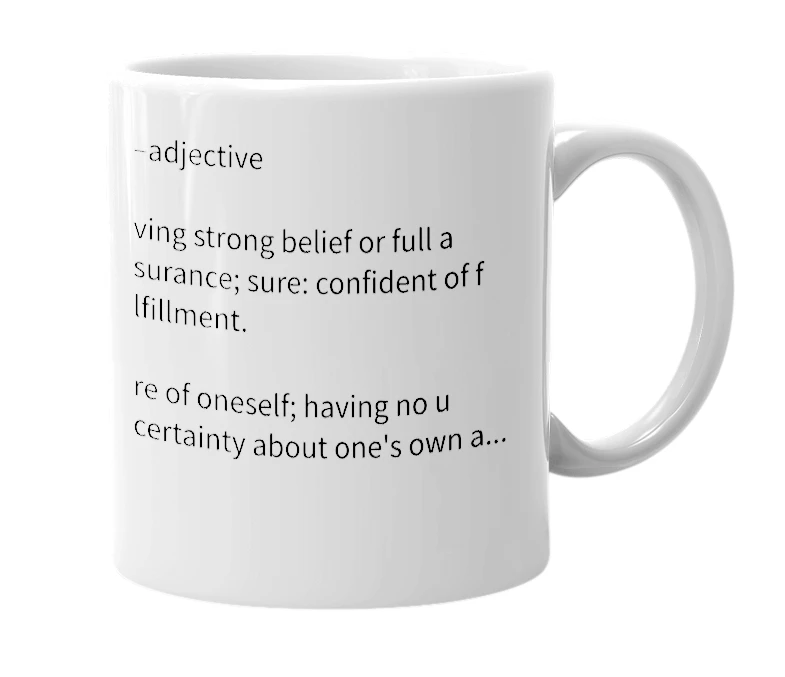 White mug with the definition of 'confidently'