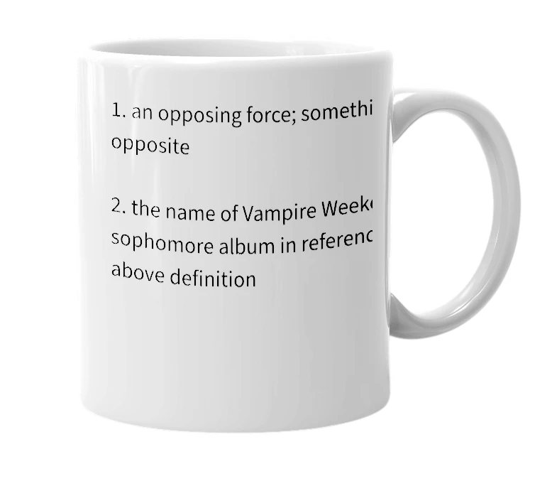 White mug with the definition of 'contra'