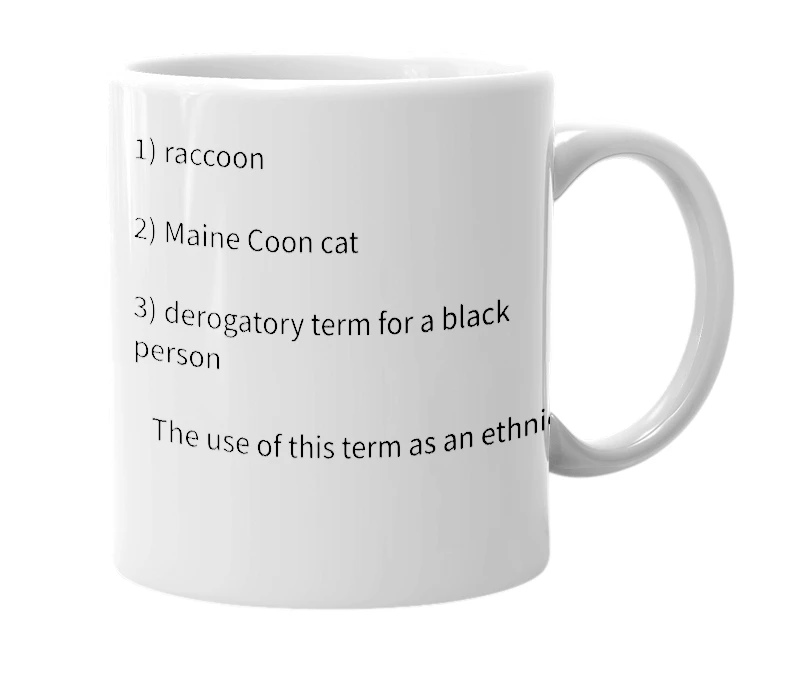 White mug with the definition of 'coon'