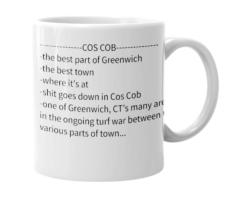 White mug with the definition of 'cos cob'