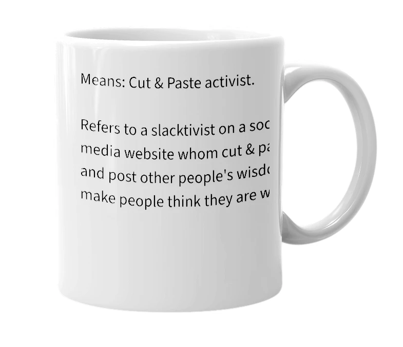 White mug with the definition of 'cp activist'