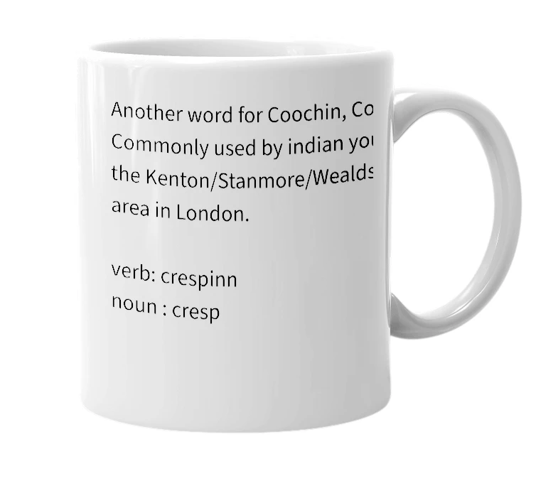 White mug with the definition of 'crespin'