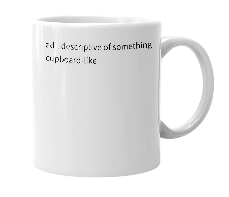 White mug with the definition of 'cupboardy'