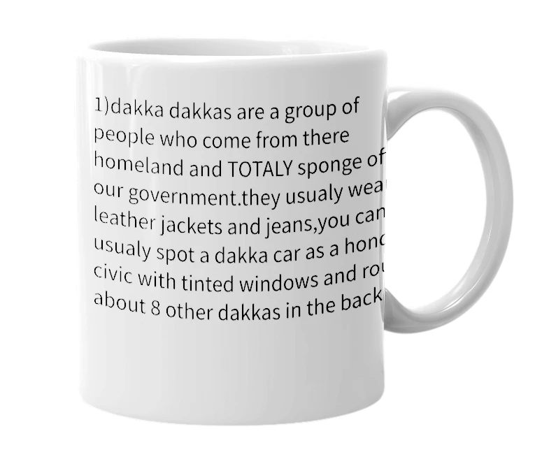White mug with the definition of 'dakka dakka'
