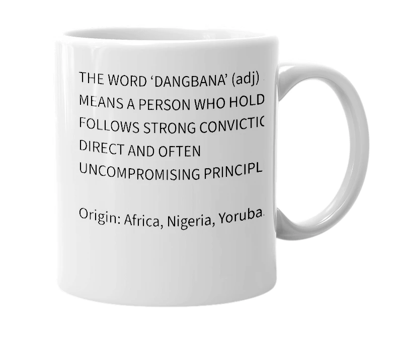 White mug with the definition of 'dangbana'