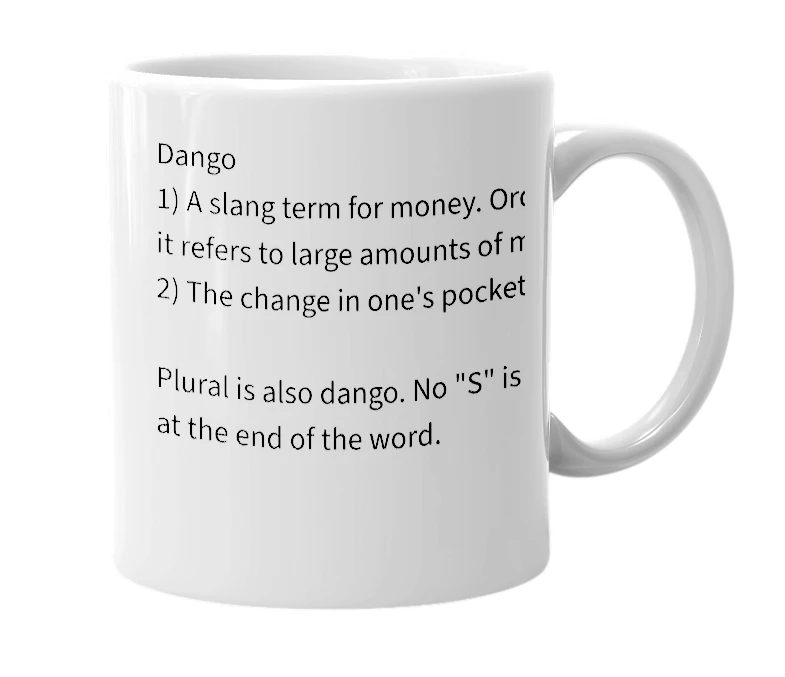 White mug with the definition of 'dango'