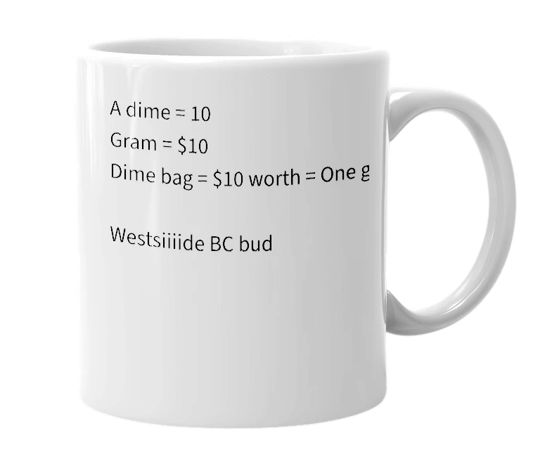 White mug with the definition of 'dime'