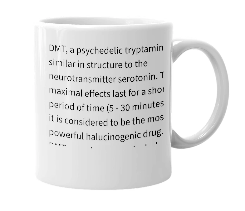White mug with the definition of 'dimethyltryptamine'