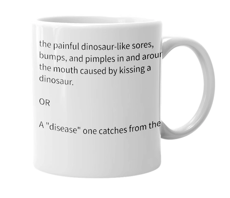 White mug with the definition of 'dinosauritis'