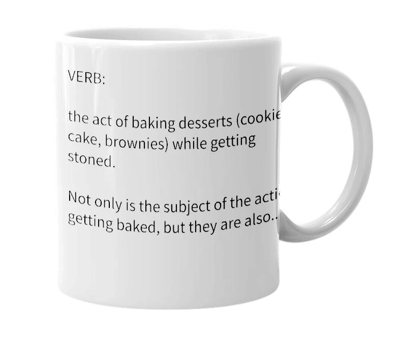 White mug with the definition of 'double baking'