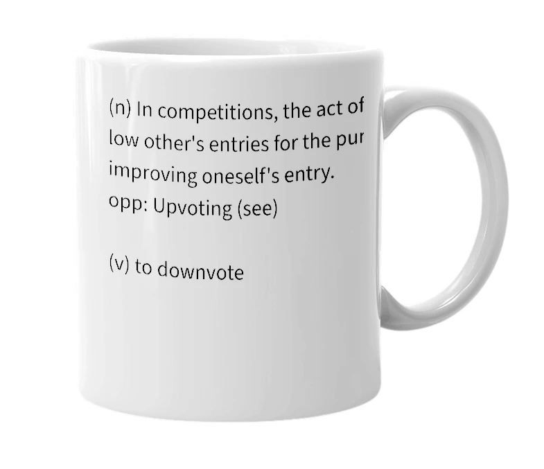 White mug with the definition of 'downvoting'