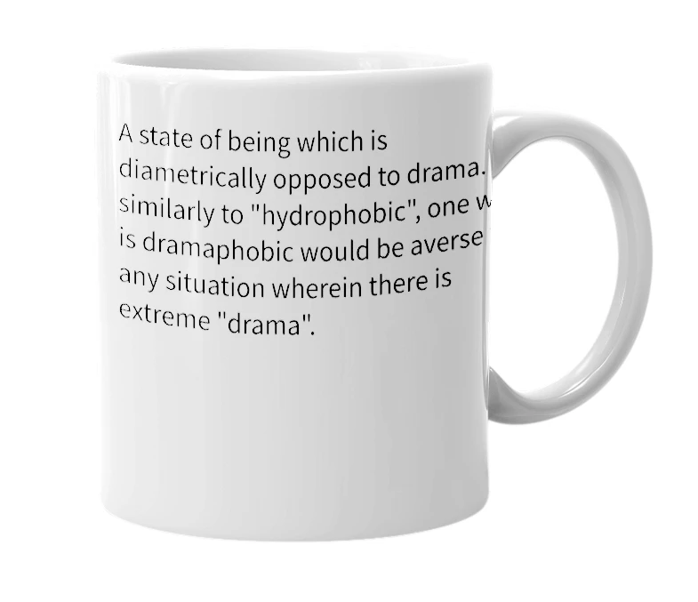 White mug with the definition of 'dramaphobic'