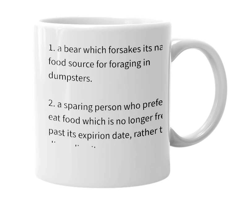 White mug with the definition of 'dumpster bear'