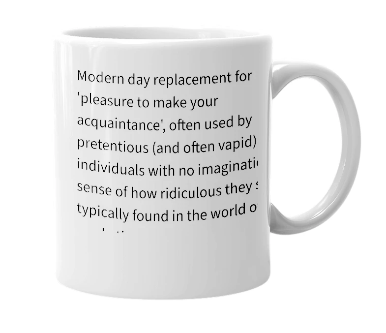 White mug with the definition of 'e-meet'