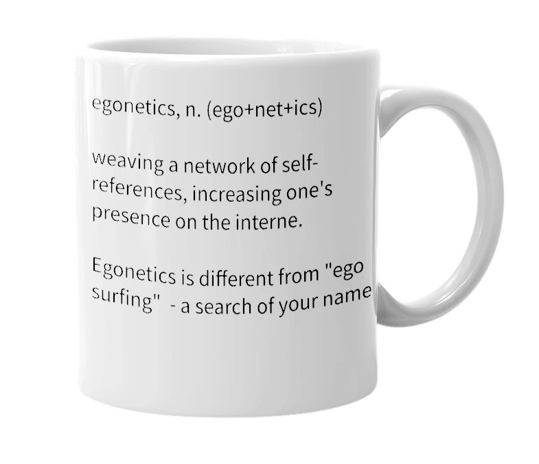 White mug with the definition of 'egonetics'