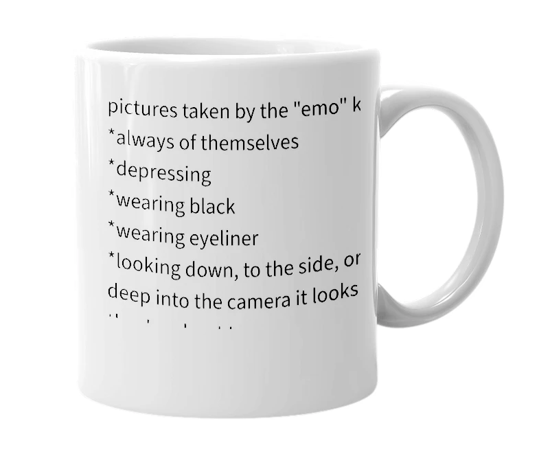 White mug with the definition of 'emo pics'