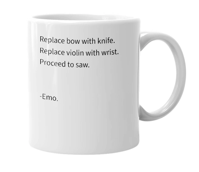White mug with the definition of 'emo violin'