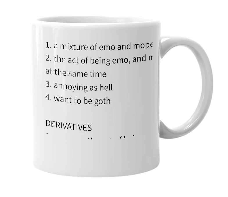 White mug with the definition of 'emopiness'