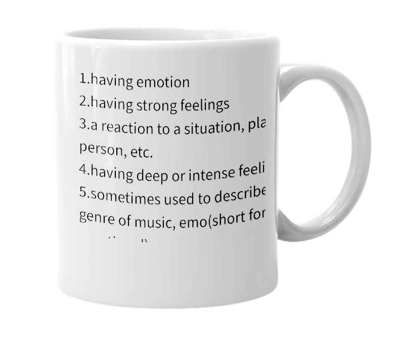 White mug with the definition of 'emotional'