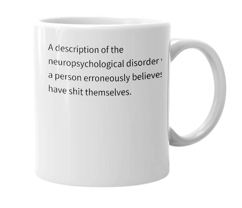 White mug with the definition of 'encopretic olfactory hallucinations'