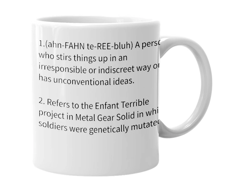 White mug with the definition of 'enfant terrible'