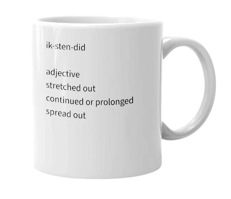 White mug with the definition of 'extended'