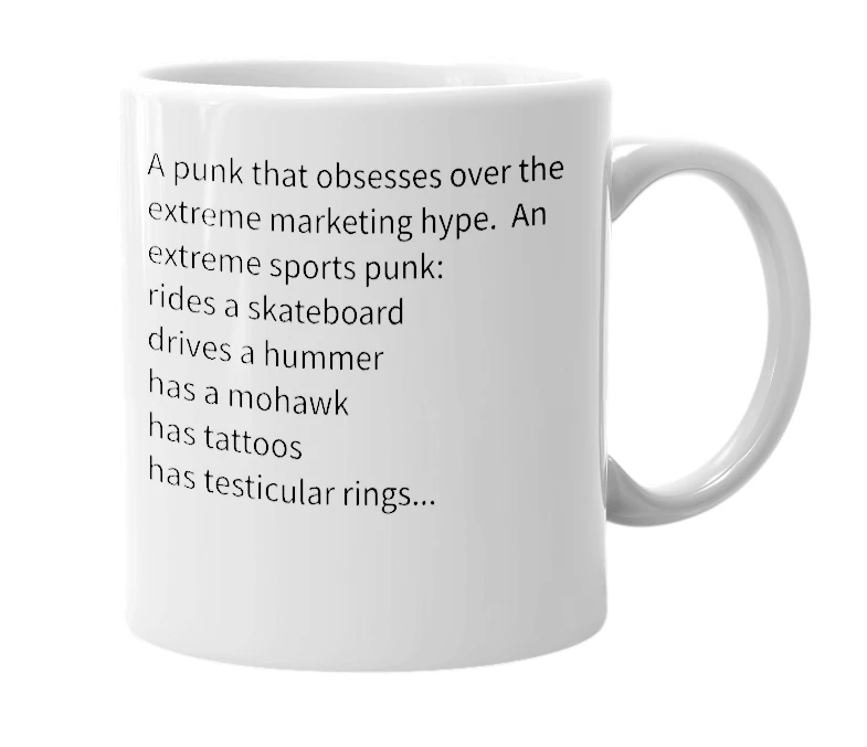 White mug with the definition of 'extreme sports punk'