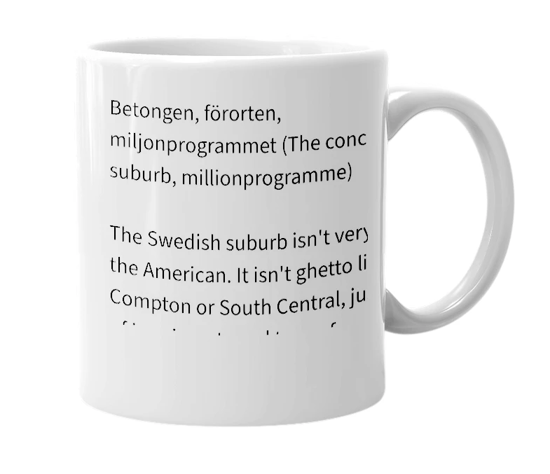 White mug with the definition of 'förort'