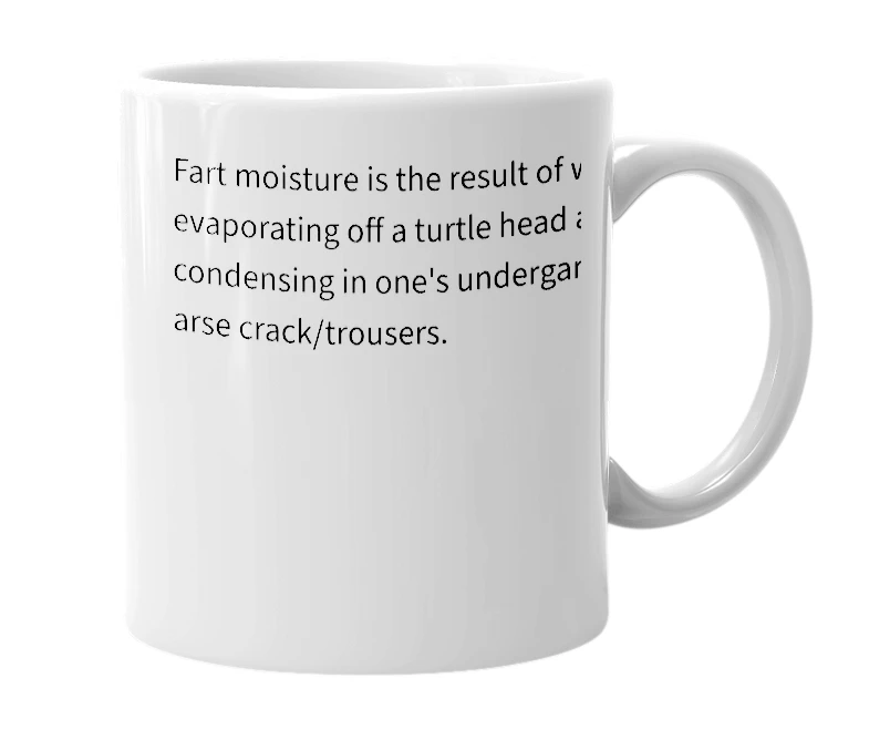 White mug with the definition of 'fart moisture'