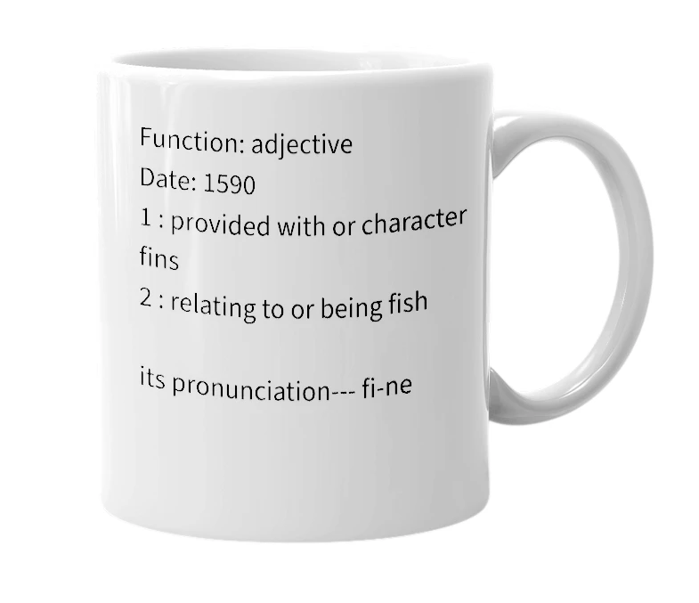 White mug with the definition of 'finny'