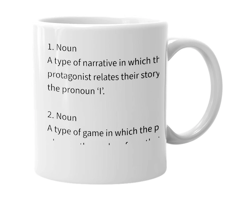 White mug with the definition of 'first person'