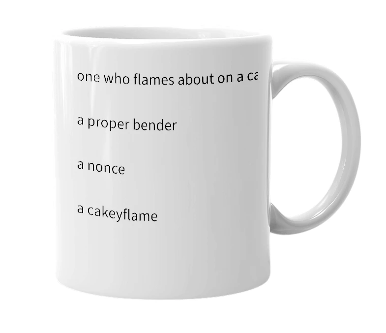 White mug with the definition of 'flamecake'