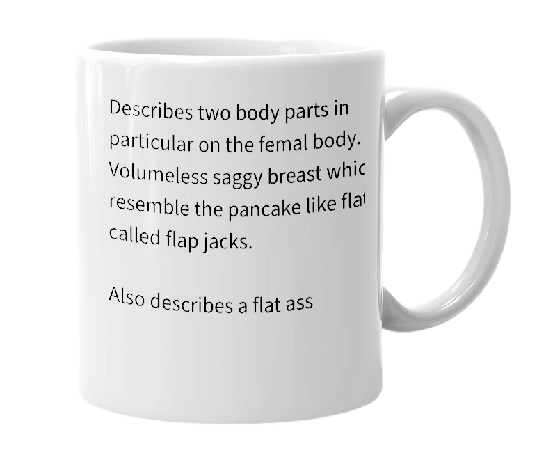 White mug with the definition of 'flap Jacks'