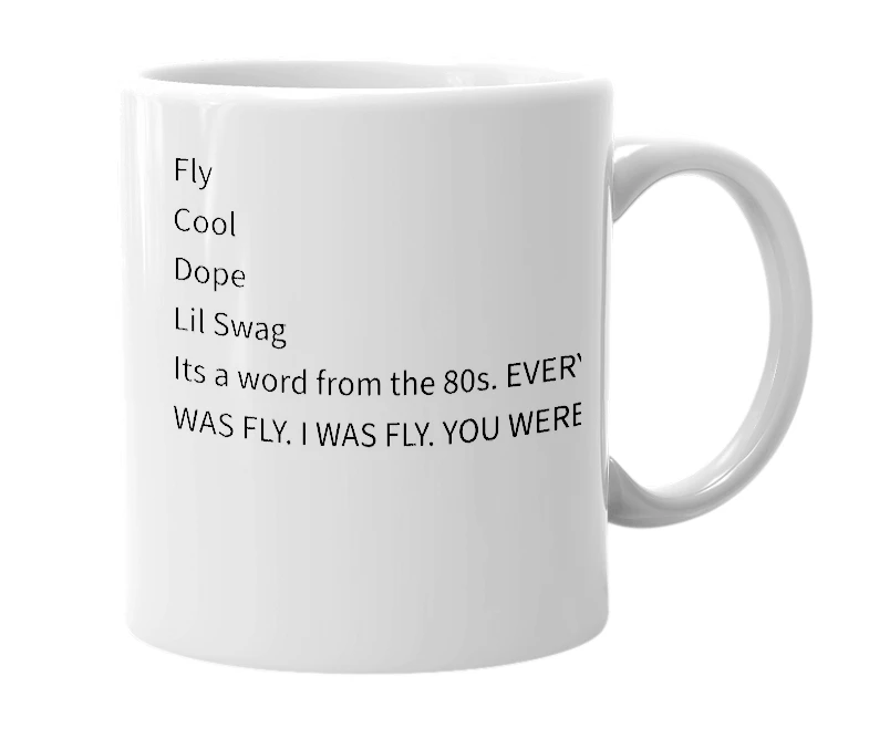 White mug with the definition of 'fly'