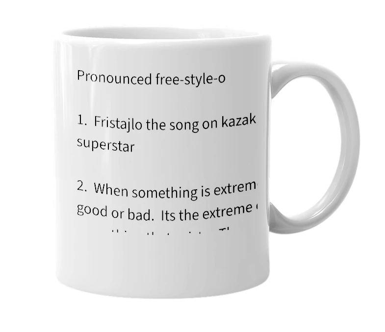 White mug with the definition of 'fristajlo'