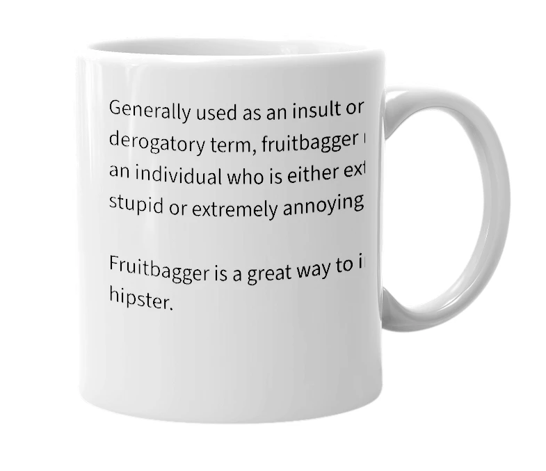 White mug with the definition of 'fruitbagger'