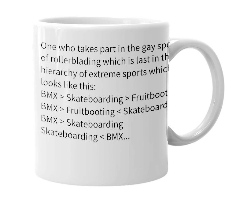 White mug with the definition of 'fruitbooterz'