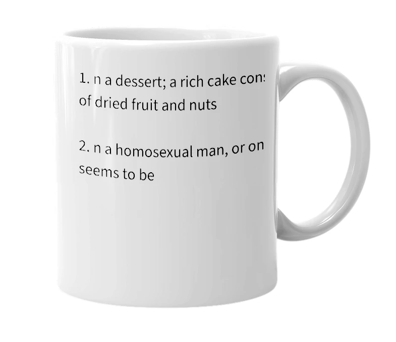 White mug with the definition of 'fruitcake'