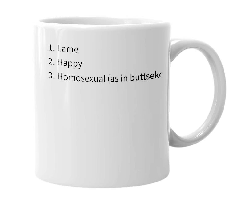 White mug with the definition of 'gay'