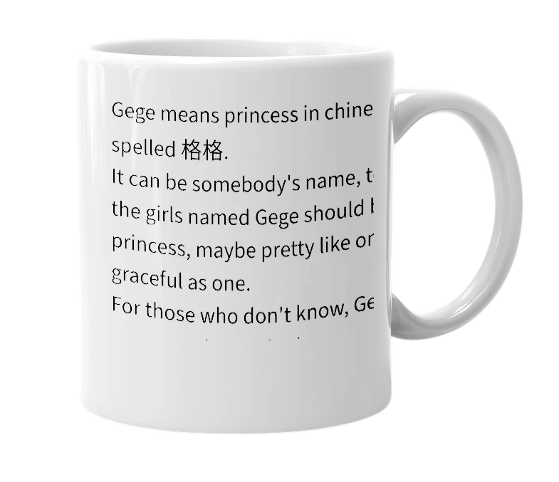 White mug with the definition of 'gege'
