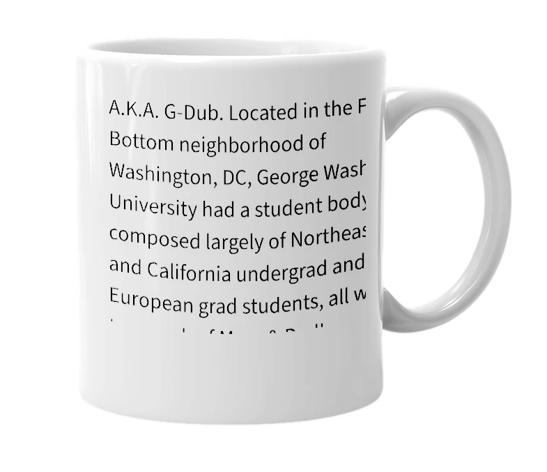 White mug with the definition of 'george washington university'